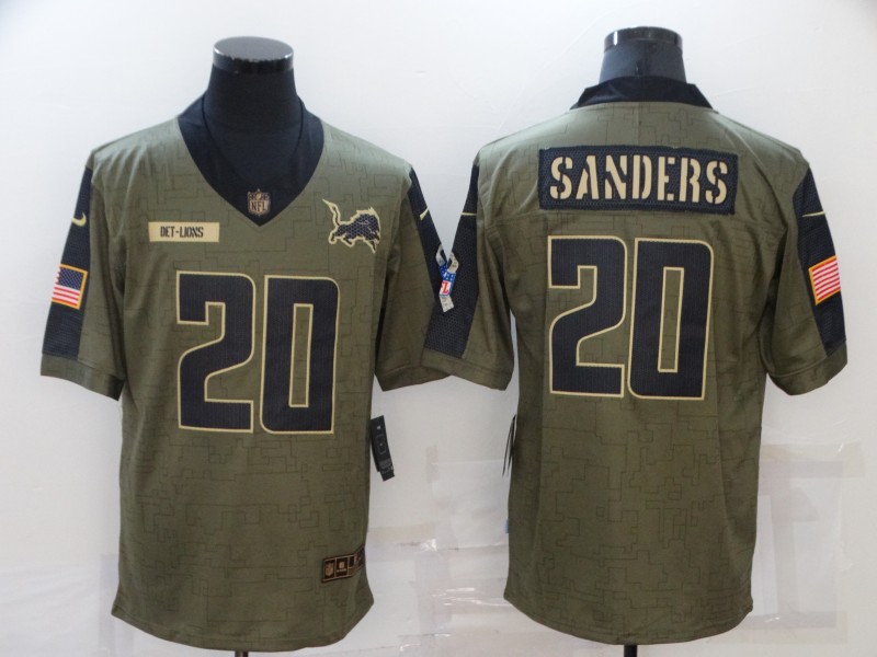 Personalized Men’s Detroit Lions #20 Barry Sanders Olive 2021 Salute To Service Retired Player Limited Jersey