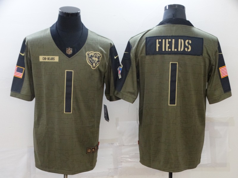 Personalized Men’s Chicago Bears #1 Justin Fields 2021 Olive Salute To Service Limited Stitched Jersey