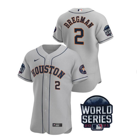 Personalized Men’s Houston Astros #2 Alex Bregman 2021 Grey World Series Flex Base Stitched Baseball Jersey
