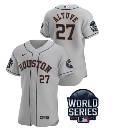 Personalized Men’s Houston Astros #27 Jose Altuve 2021 Grey World Series Flex Base Stitched Baseball Jersey