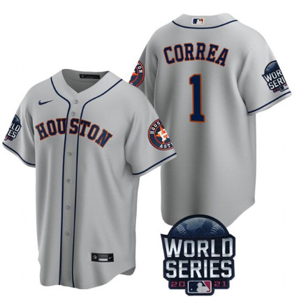 Personalized Men’s Houston Astros #1 Carlos Correa 2021 Gray World Series Cool Base Stitched Baseball Jersey