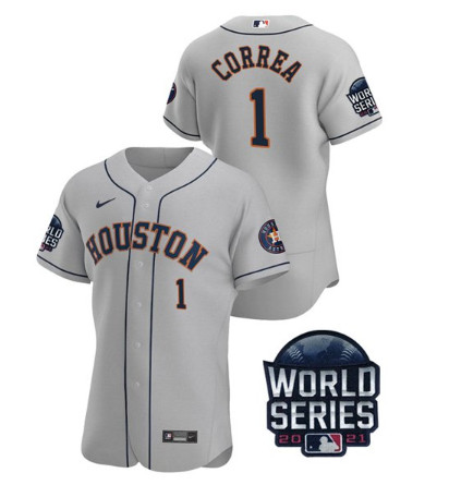 Personalized Men’s Houston Astros #1 Carlos Correa 2021 Grey World Series Flex Base Stitched Baseball Jersey