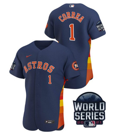Personalized Men’s Houston Astros #1 Carlos Correa 2021 Navy World Series Flex Base Stitched Baseball Jersey