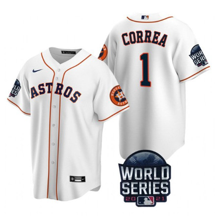 Personalized Men’s Houston Astros #1 Carlos Correa 2021 White World Series Cool Base Stitched Baseball Jersey