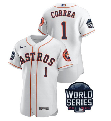 Personalized Men’s Houston Astros #1 Carlos Correa 2021 White World Series Flex Base Stitched Baseball Jersey
