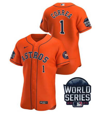 Personalized Men’s Houston Astros #1 Carlos Correa 2021 Orange World Series Flex Base Stitched Baseball Jersey