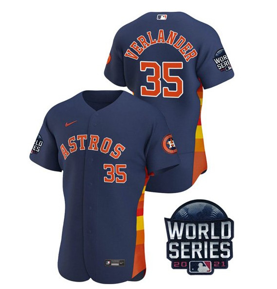 Personalized Men’s Houston Astros #35 Justin Verlander 2021 Navy World Series Flex Base Stitched Baseball Jersey