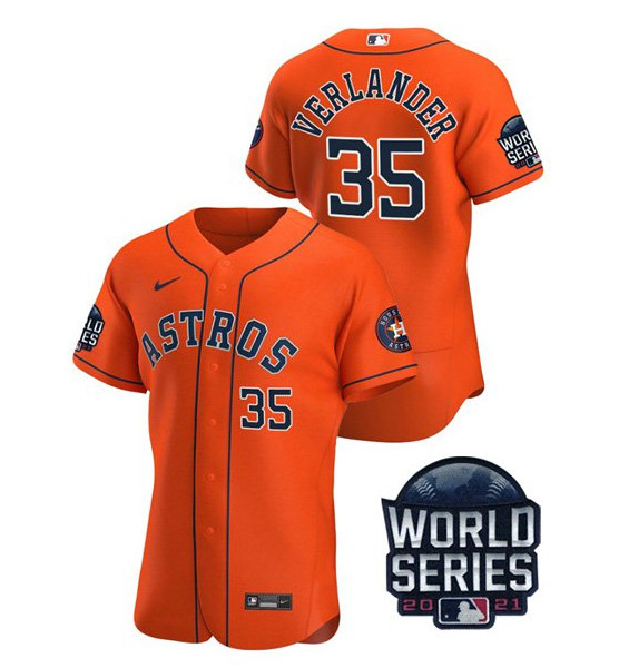 Personalized Men’s Houston Astros #35 Justin Verlander 2021 Orange World Series Flex Base Stitched Baseball Jersey
