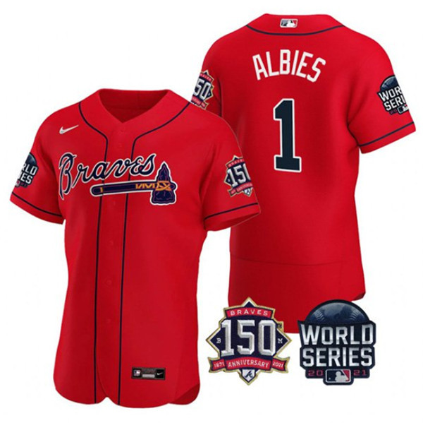 Personalized Men’s Atlanta Braves #1 Ozzie Albies 2021 Red World Series With 150th Anniversary Patch Stitched Baseball Jersey