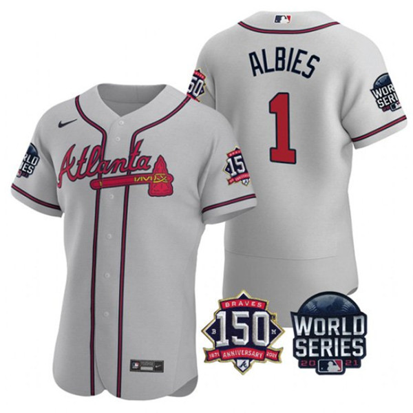 Personalized Men’s Atlanta Braves #1 Ozzie Albies 2021 Grey World Series With 150th Anniversary Patch Stitched Baseball Jersey