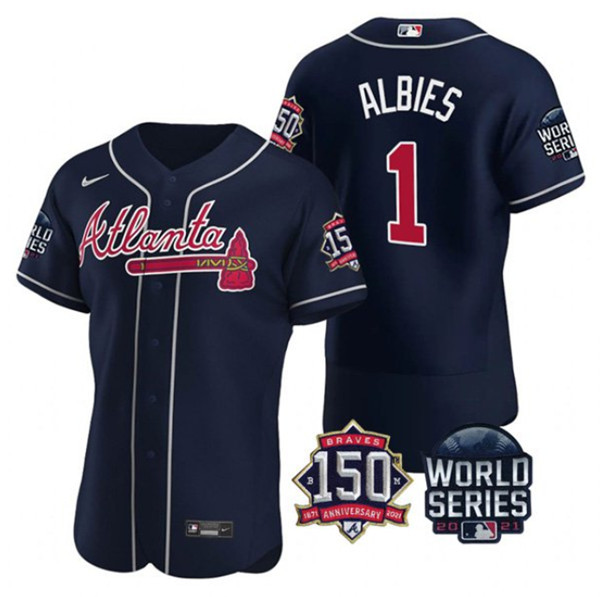 Personalized Men’s Atlanta Braves #1 Ozzie Albies 2021 Navy World Series With 150th Anniversary Patch Stitched Baseball Jersey