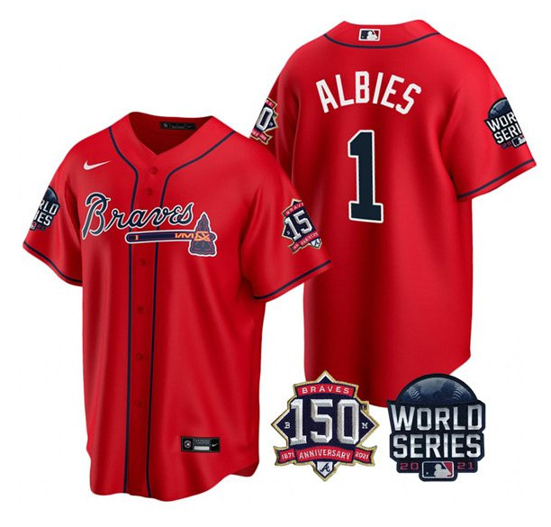 Personalized Men’s Atlanta Braves #1 Ozzie Albies 2021 Red World Series With 150th Anniversary Patch Cool Base Stitched Jersey