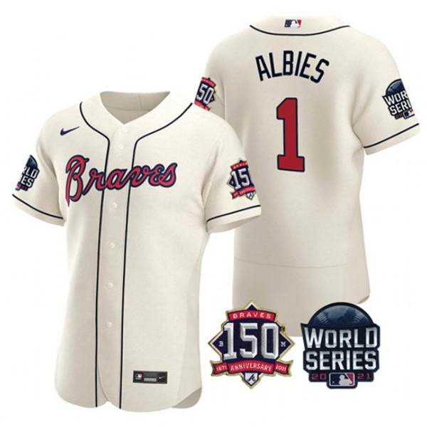 Personalized Men’s Atlanta Braves #1 Ozzie Albies 2021 Cream World Series With 150th Anniversary Patch Stitched Baseball Jersey