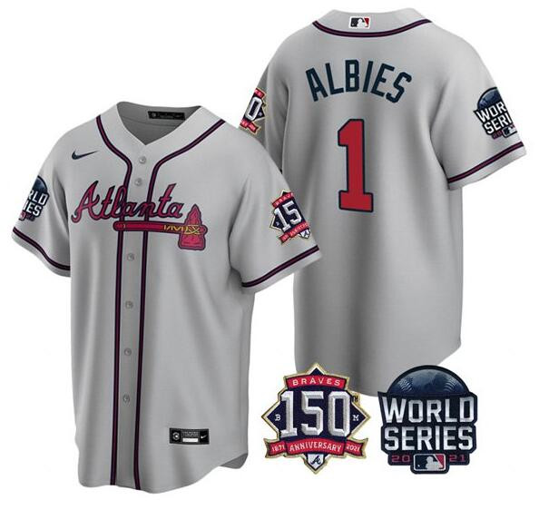 Personalized Men’s Atlanta Braves #1 Ozzie Albies 2021 Gray World Series With 150th Anniversary Patch Cool Base Stitched Jersey