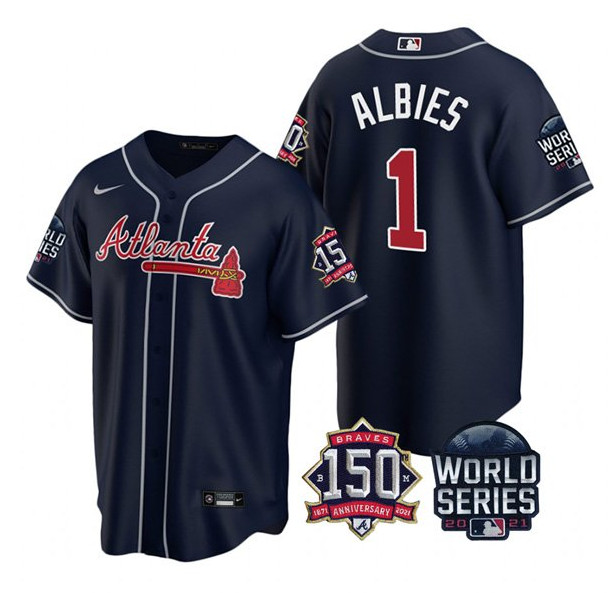Personalized Men’s Atlanta Braves #1 Ozzie Albies 2021 Navy World Series With 150th Anniversary Patch Cool Base Stitched Jersey