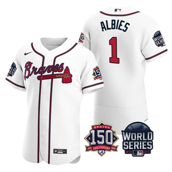 Personalized Men’s Atlanta Braves #1 Ozzie Albies 2021 White World Series With 150th Anniversary Patch Stitched Baseball Jersey