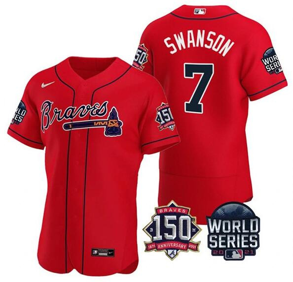 Personalized Men’s Atlanta Braves #7 Dansby Swanson 2021 Red World Series With 150th Anniversary Patch Stitched Baseball Jersey