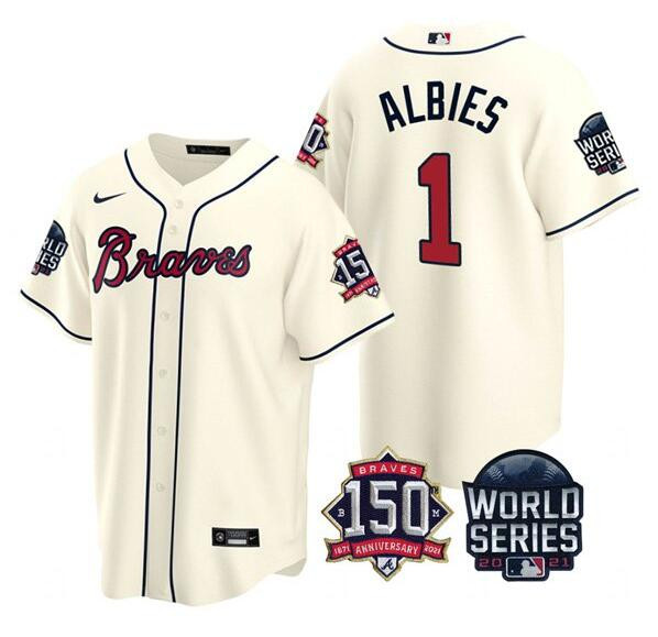 Personalized Men’s Atlanta Braves #1 Ozzie Albies 2021 Cream World Series With 150th Anniversary Patch Cool Base Stitched Jersey