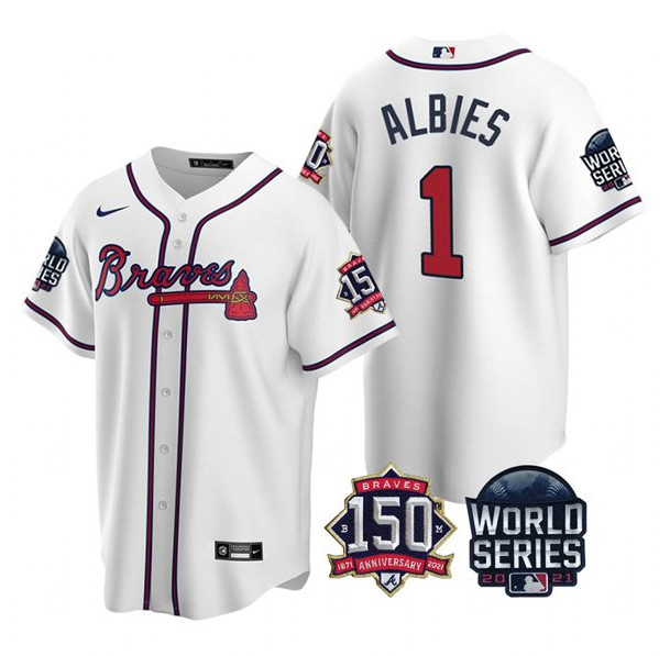 Personalized Men’s Atlanta Braves #1 Ozzie Albies 2021 White World Series With 150th Anniversary Patch Cool Base Stitched Jersey