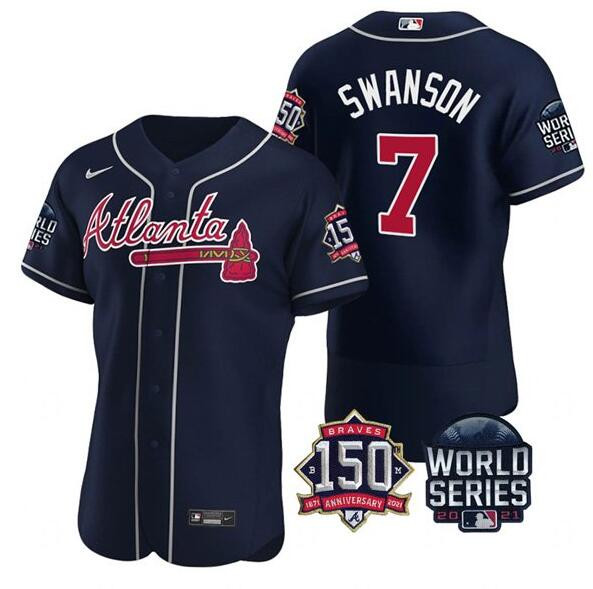 Personalized Men’s Atlanta Braves #7 Dansby Swanson 2021 Navy World Series With 150th Anniversary Patch Stitched Baseball Jersey