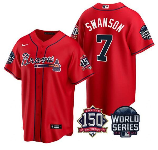 Personalized Men’s Atlanta Braves #7 Dansby Swanson 2021 Red World Series With 150th Anniversary Patch Cool Base Stitched Jersey