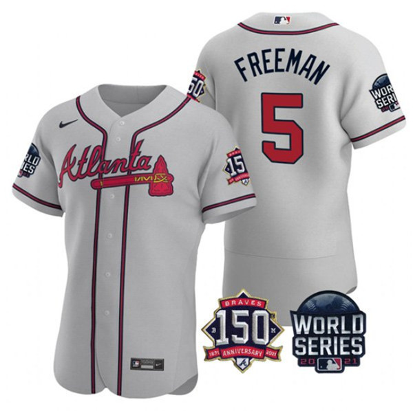 Personalized Men’s Atlanta Braves #5 Freddie Freeman 2021 Grey World Series With 150th Anniversary Patch Stitched Baseball Jersey