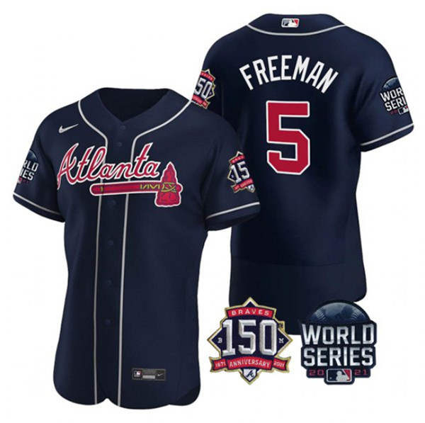 Personalized Men’s Atlanta Braves #5 Freddie Freeman 2021 Navy World Series With 150th Anniversary Patch Stitched Baseball Jersey