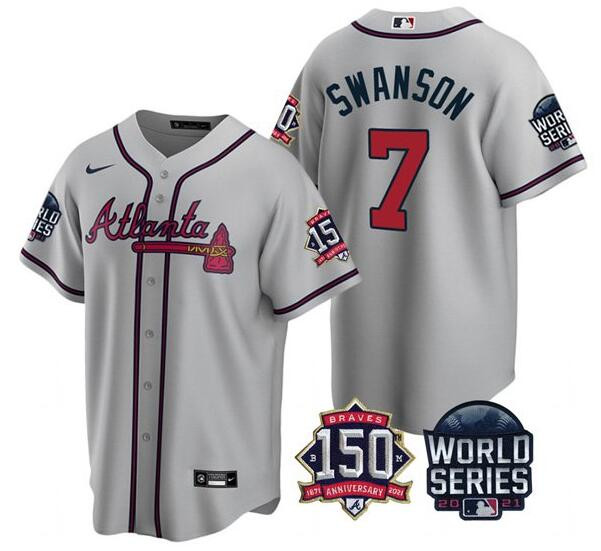 Personalized Men’s Atlanta Braves #7 Dansby Swanson 2021 Gray World Series With 150th Anniversary Patch Cool Base Stitched Jersey