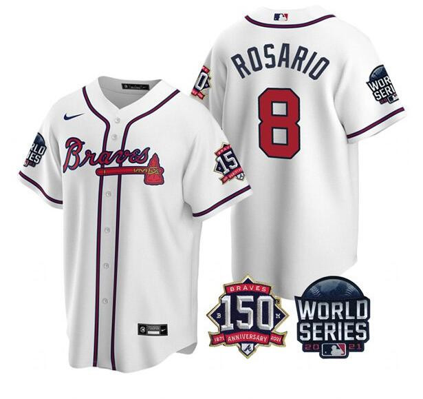 Personalized Men’s Atlanta Braves #8 Eddie Rosario 2021 White World Series With 150th Anniversary Patch Cool Base Stitched Jersey
