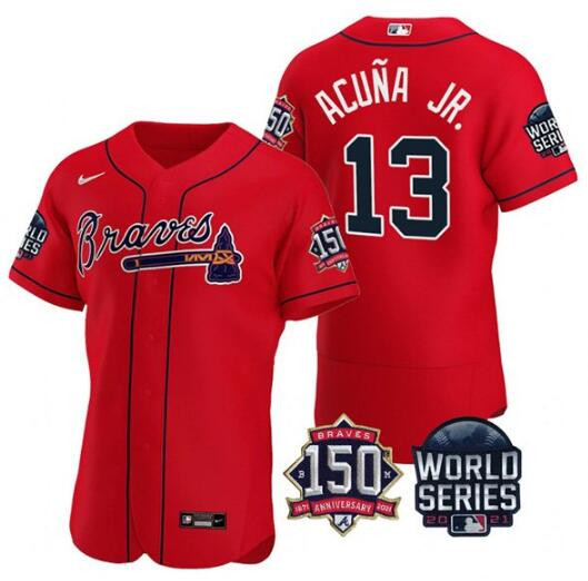 Personalized Men’s Atlanta Braves #13 Ronald Acuna Jr. 2021 Red World Series With 150th Anniversary Patch Stitched Baseball Jersey