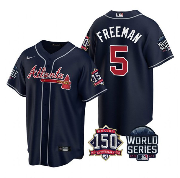Personalized Men’s Atlanta Braves #5 Freddie Freeman 2021 Navy World Series With 150th Anniversary Patch Cool Base Stitched Jersey