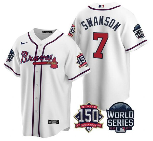 Personalized Men’s Atlanta Braves #7 Dansby Swanson 2021 White World Series With 150th Anniversary Patch Cool Base Stitched Jersey