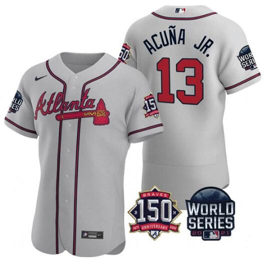 Personalized Men’s Atlanta Braves #13 Ronald Acuna Jr. 2021 Grey World Series With 150th Anniversary Patch Stitched Baseball Jersey