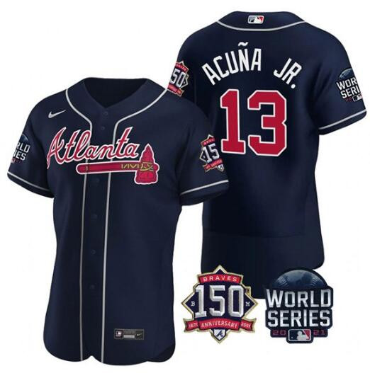 Personalized Men’s Atlanta Braves #13 Ronald Acuna Jr. 2021 Navy World Series With 150th Anniversary Patch Stitched Baseball Jersey