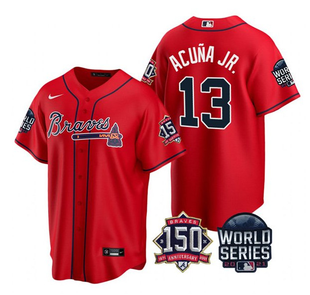 Personalized Men’s Atlanta Braves #13 Ronald Acuna Jr. 2021 Red World Series With 150th Anniversary Patch Cool Base Stitched Jersey