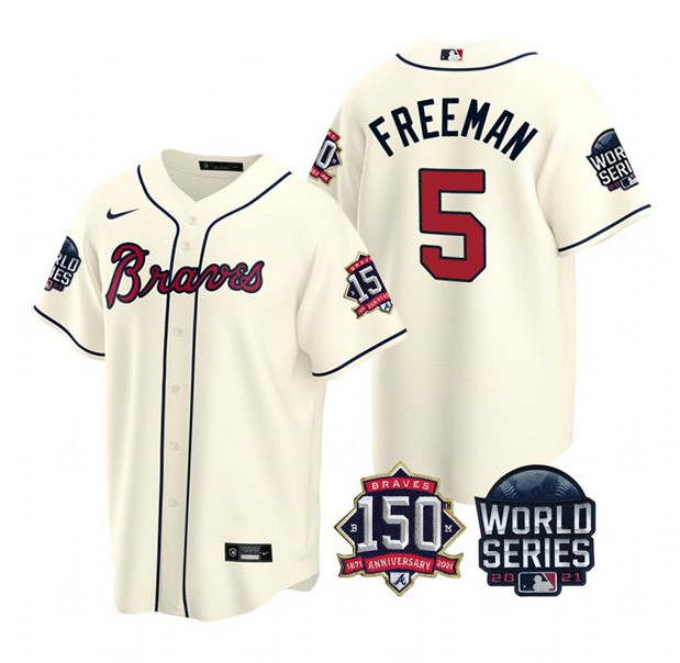 Personalized Men’s Atlanta Braves #5 Freddie Freeman 2021 Cream World Series With 150th Anniversary Patch Cool Base Stitched Jersey
