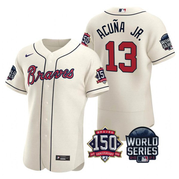 Personalized Men’s Atlanta Braves #13 Ronald Acuna Jr. 2021 Cream World Series With 150th Anniversary Patch Stitched Baseball Jersey