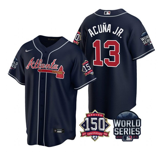 Personalized Men’s Atlanta Braves #13 Ronald Acuna Jr. 2021 Navy World Series With 150th Anniversary Patch Cool Base Stitched Jersey