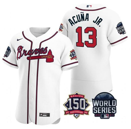 Personalized Men’s Atlanta Braves #13 Ronald Acuna Jr. 2021 White World Series With 150th Anniversary Patch Stitched Baseball Jersey