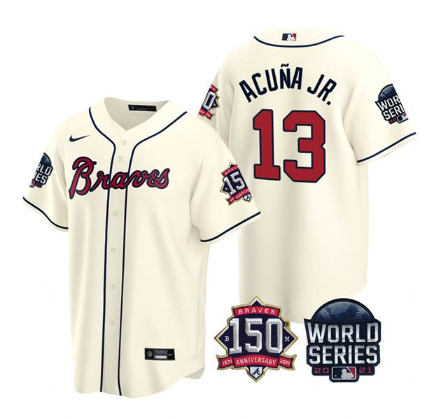 Personalized Men’s Atlanta Braves #13 Ronald Acuna Jr. 2021 Cream World Series With 150th Anniversary Patch Cool Base Stitched Jersey