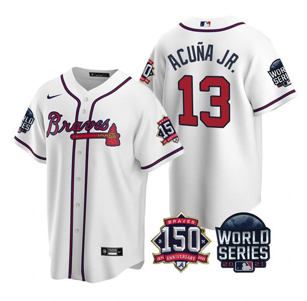Personalized Men’s Atlanta Braves #13 Ronald Acuna Jr. 2021 White World Series With 150th Anniversary Patch Cool Base Stitched Jersey