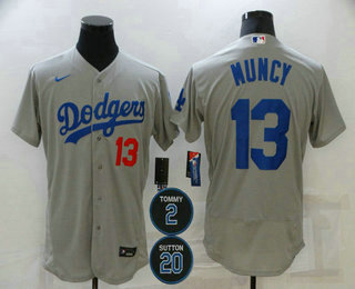 Personalized Men’s Los Angeles Dodgers #13 Max Muncy Grey #2 #20 Patch Stitched MLB Flex Base Jersey