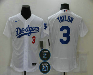 Personalized Men’s Los Angeles Dodgers #3 Chris Taylor White#2 #20 Patch Stitched MLB Flex Base Jersey