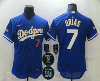 Personalized Men’s Los Angeles Dodgers #7 Julio Urias Blue Gold #2 #20 Patch Stitched MLB Flex Base Jersey