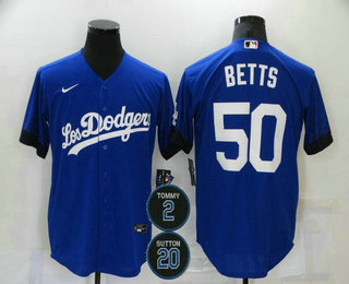 Personalized Men’s Los Angeles Dodgers #50 Mookie Betts Blue #2 #20 Patch City Connect Cool Base Stitched Jersey