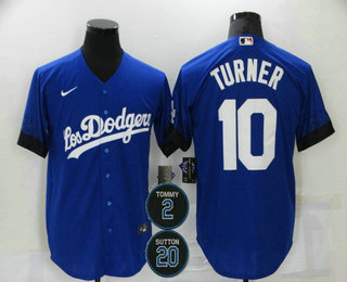 Personalized Men’s Los Angeles Dodgers #10 Justin Turner Blue #2 #20 Patch City Connect Cool Base Stitched Jersey