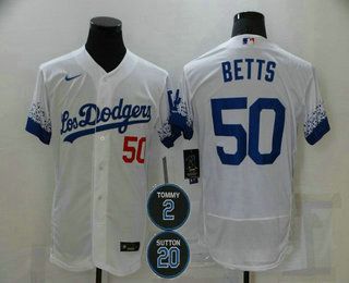 Personalized Men’s Los Angeles Dodgers #50 Mookie Betts White #2 #20 Patch City Connect Flex Base Stitched Jersey