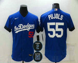 Personalized Men’s Los Angeles Dodgers #55 Albert Pujols Blue #2 #20 Patch City Connect Flex Base Stitched Jersey