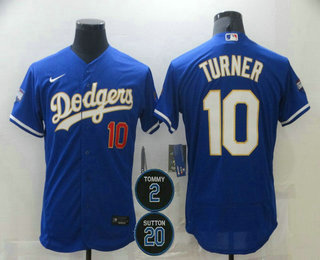 Personalized Men’s Los Angeles Dodgers #10 Justin Turner Blue Gold #2 #20 Patch Stitched MLB Flex Base Jersey