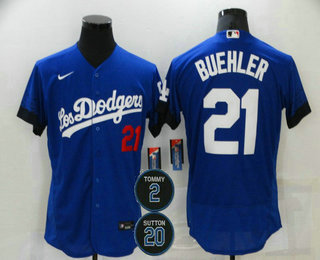 Personalized Men’s Los Angeles Dodgers #21 Walker Buehler Blue #2 #20 Patch City Connect Flex Base Stitched Jersey